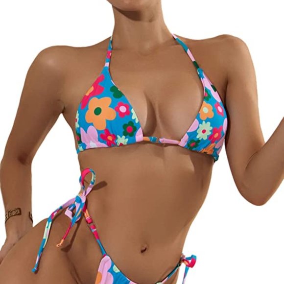 Women's Allover Floral Print String Triangle Halter 2 Piece Bikini Swimsuit  S - Picture 8 of 9
